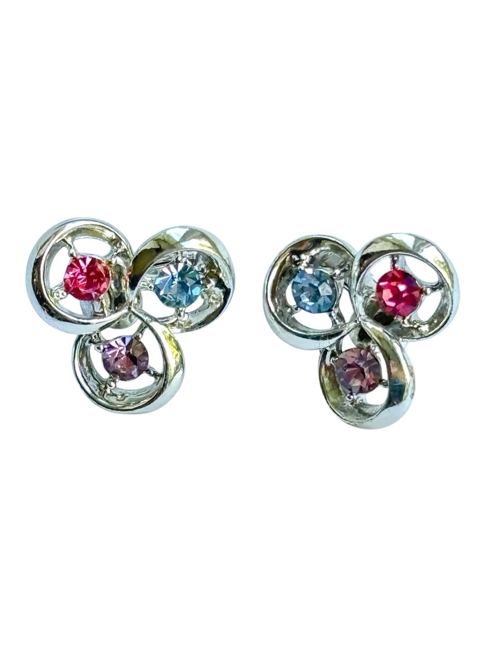 Coro Signed Vintage Multicolor Rhinestone Clip On Earrings Silver Tone MCM